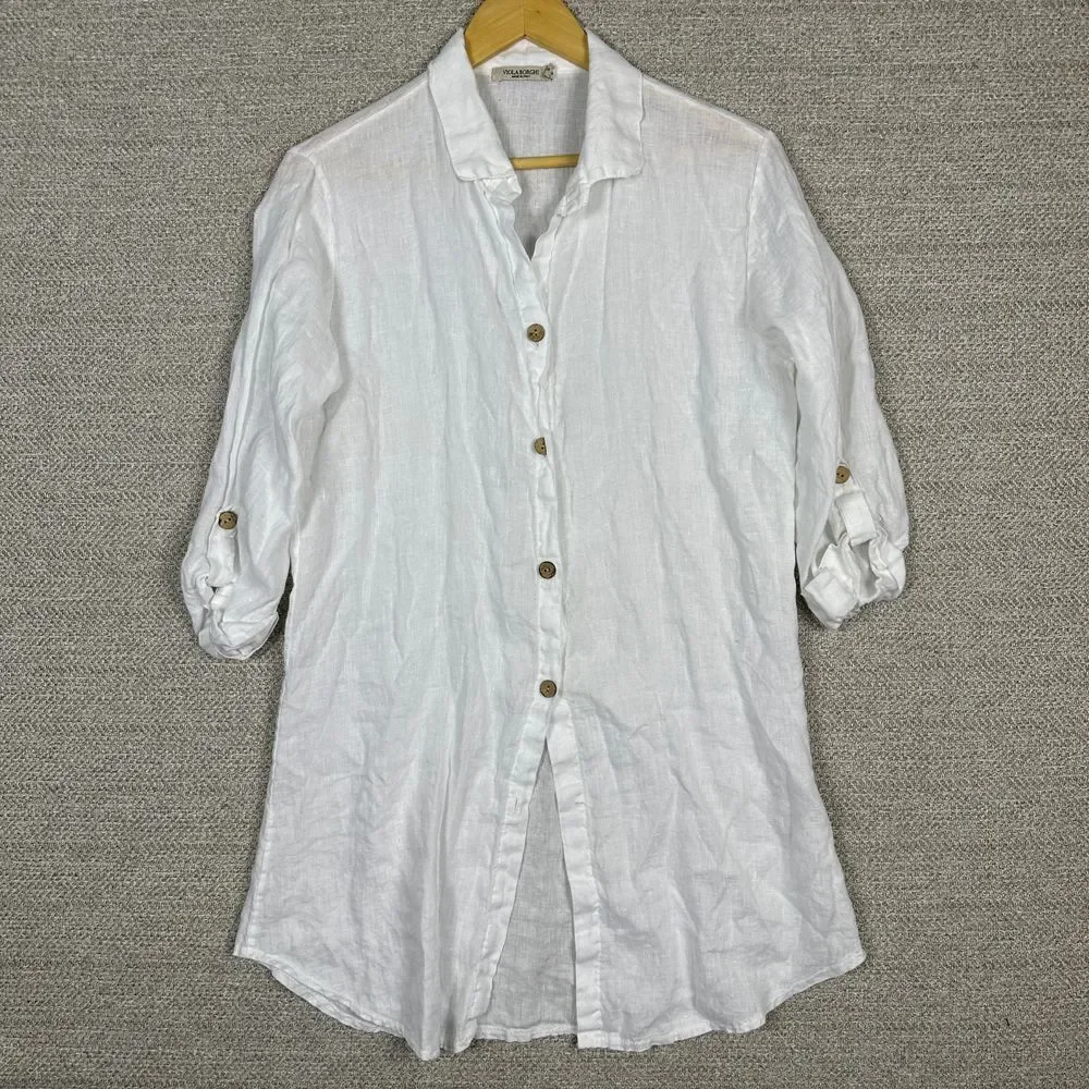 Viola Borghi Sz S‎ Linen Tunic Top 3/4 Roll Tab Lagom Minimalist Capsule Beach